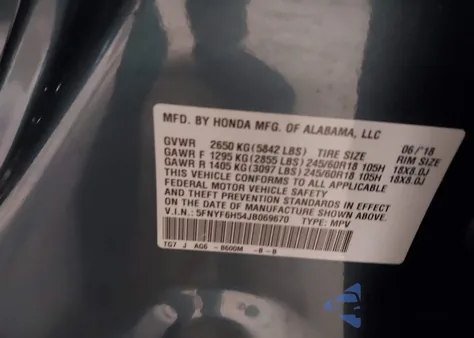 2018 Honda Pilot Ex-L из США, поврежденный, VIN 5FNYF6H54JB069670